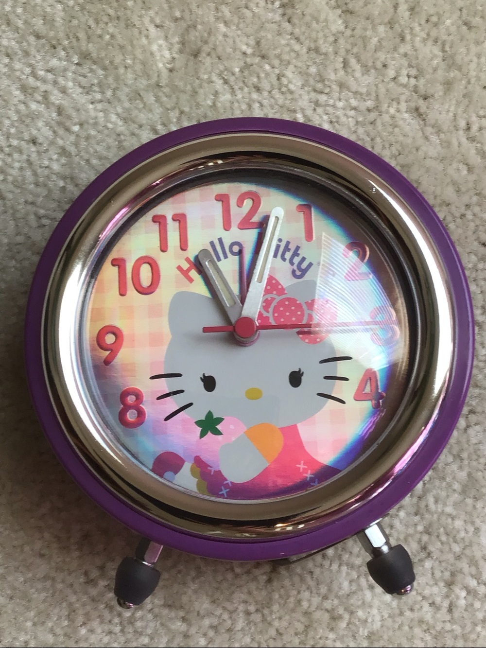 Retro Hello Kitty Alarm Clock, Purple/Pink/Reflective Multicolor, 5”